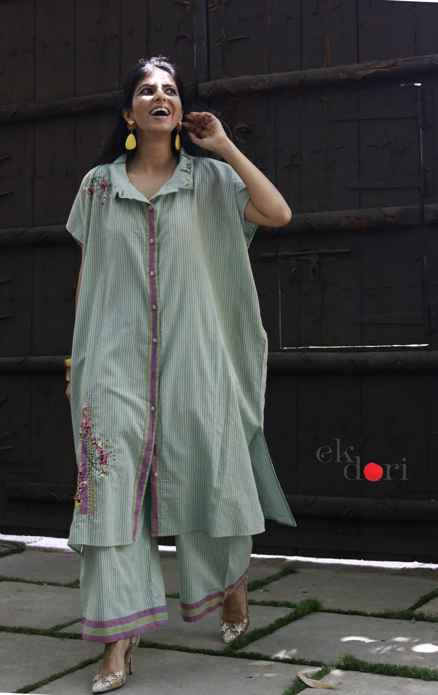 'Bees & Buds' Fun Embroidered Cotton Co-ord Set : Buy Palazzo Pant Kurta Cotton Co-ord Set