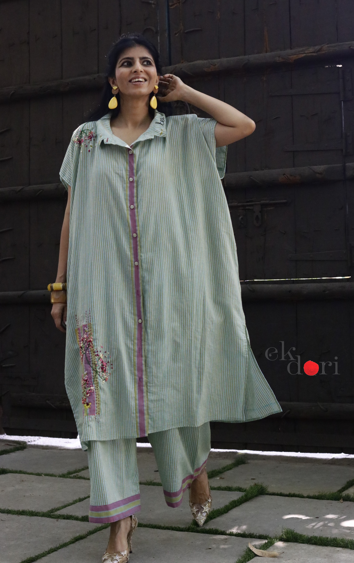 'Bees & Buds' Fun Embroidered Cotton Co-ord Set : Buy Palazzo Pant Kurta Cotton Co-ord Set
