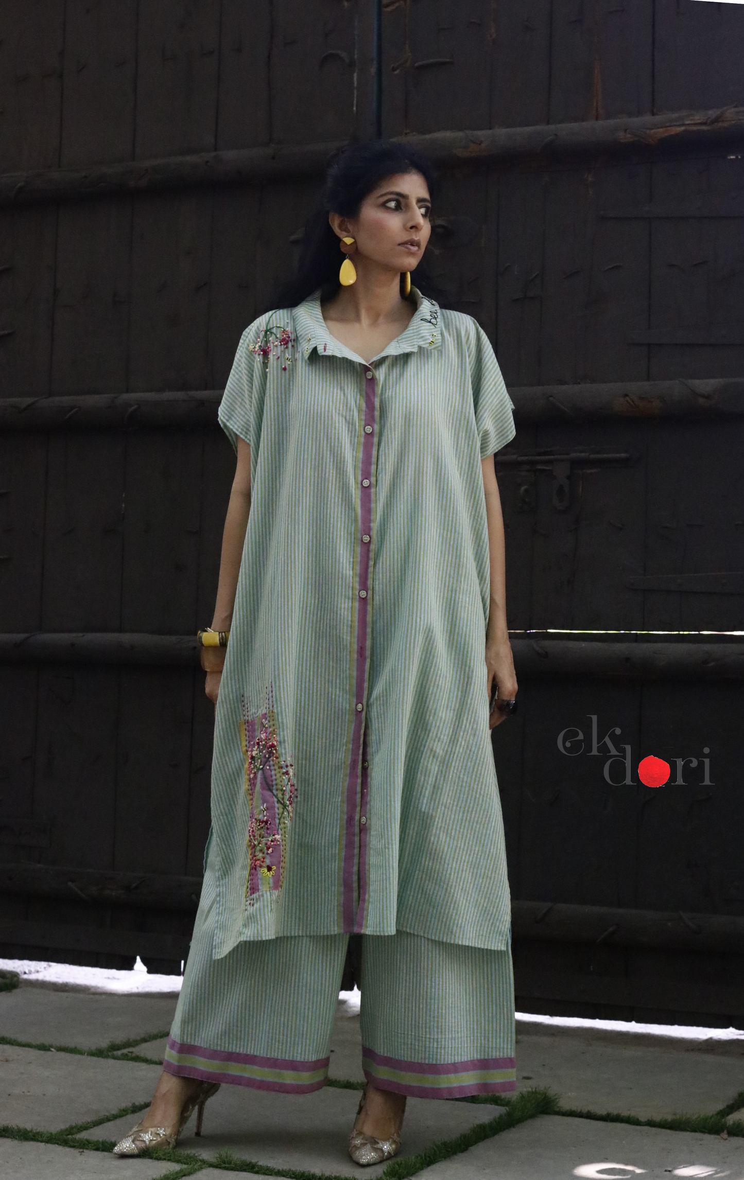 'Bees & Buds' Fun Embroidered Cotton Co-ord Set : Buy Palazzo Pant Kurta Cotton Co-ord Set