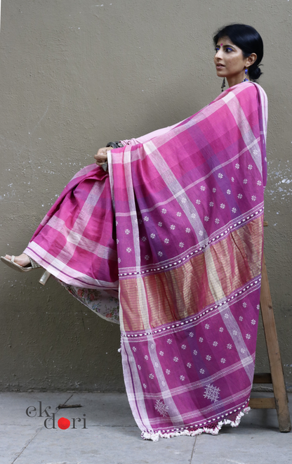 The Pink Rainbow Checks Bhujodi Saree : Pure Kala Cotton Unique Bhujodi Handloom Saree