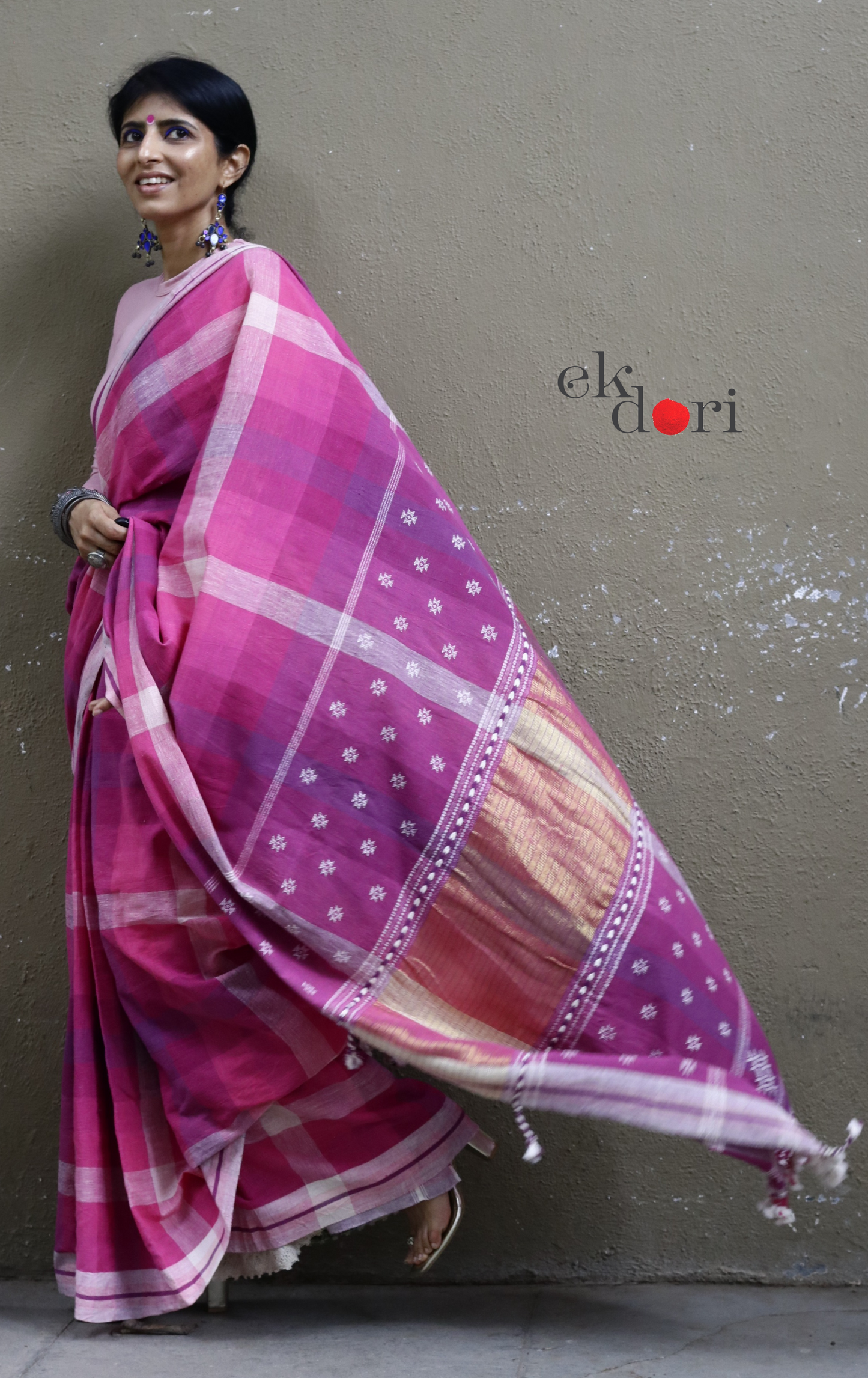 The Pink Rainbow Checks Bhujodi Saree : Pure Kala Cotton Unique Bhujodi Handloom Saree