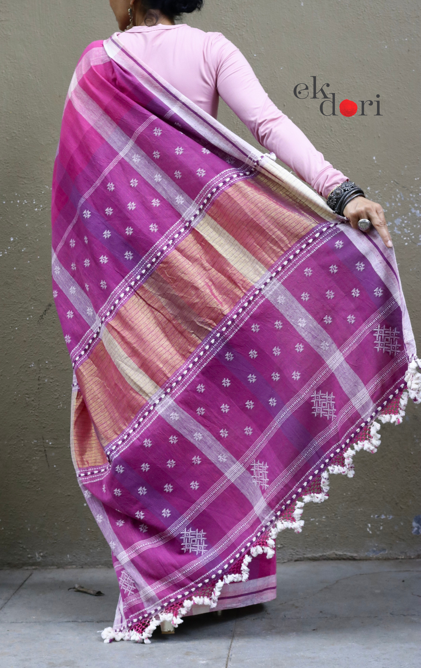 The Pink Rainbow Checks Bhujodi Saree : Pure Kala Cotton Unique Bhujodi Handloom Saree