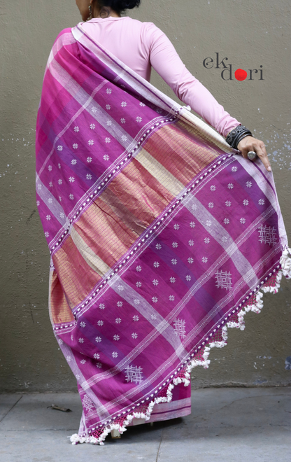 The Pink Rainbow Checks Bhujodi Saree : Pure Kala Cotton Unique Bhujodi Handloom Saree