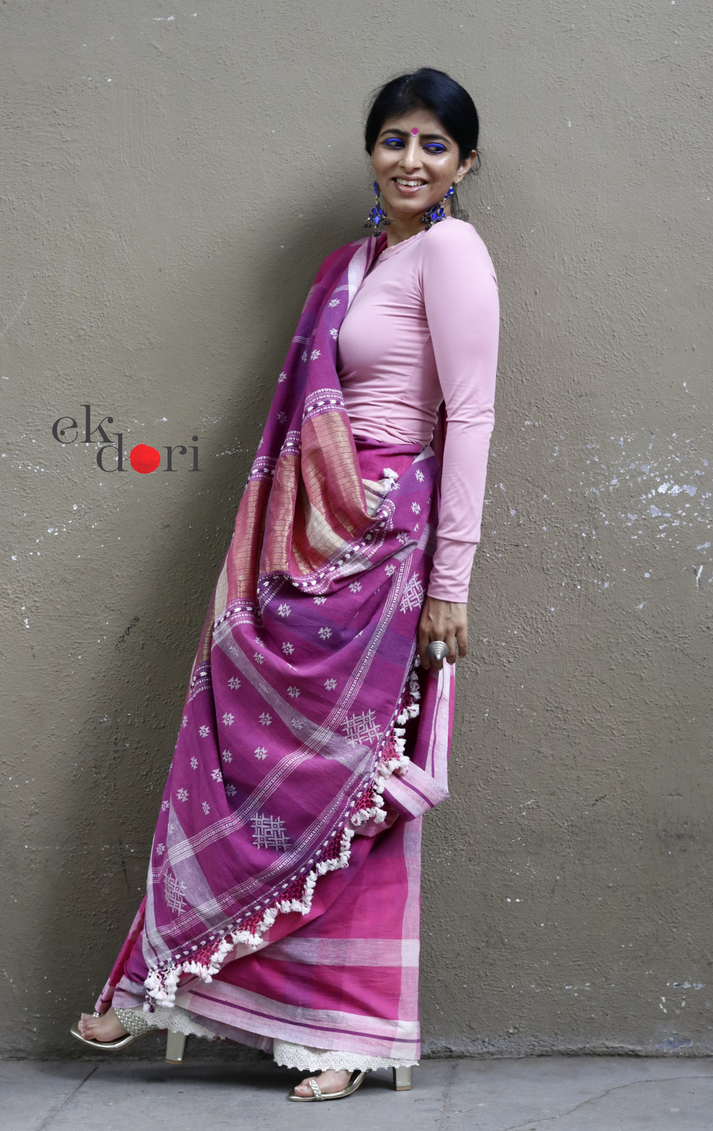 The Pink Rainbow Checks Bhujodi Saree : Pure Kala Cotton Unique Bhujodi Handloom Saree
