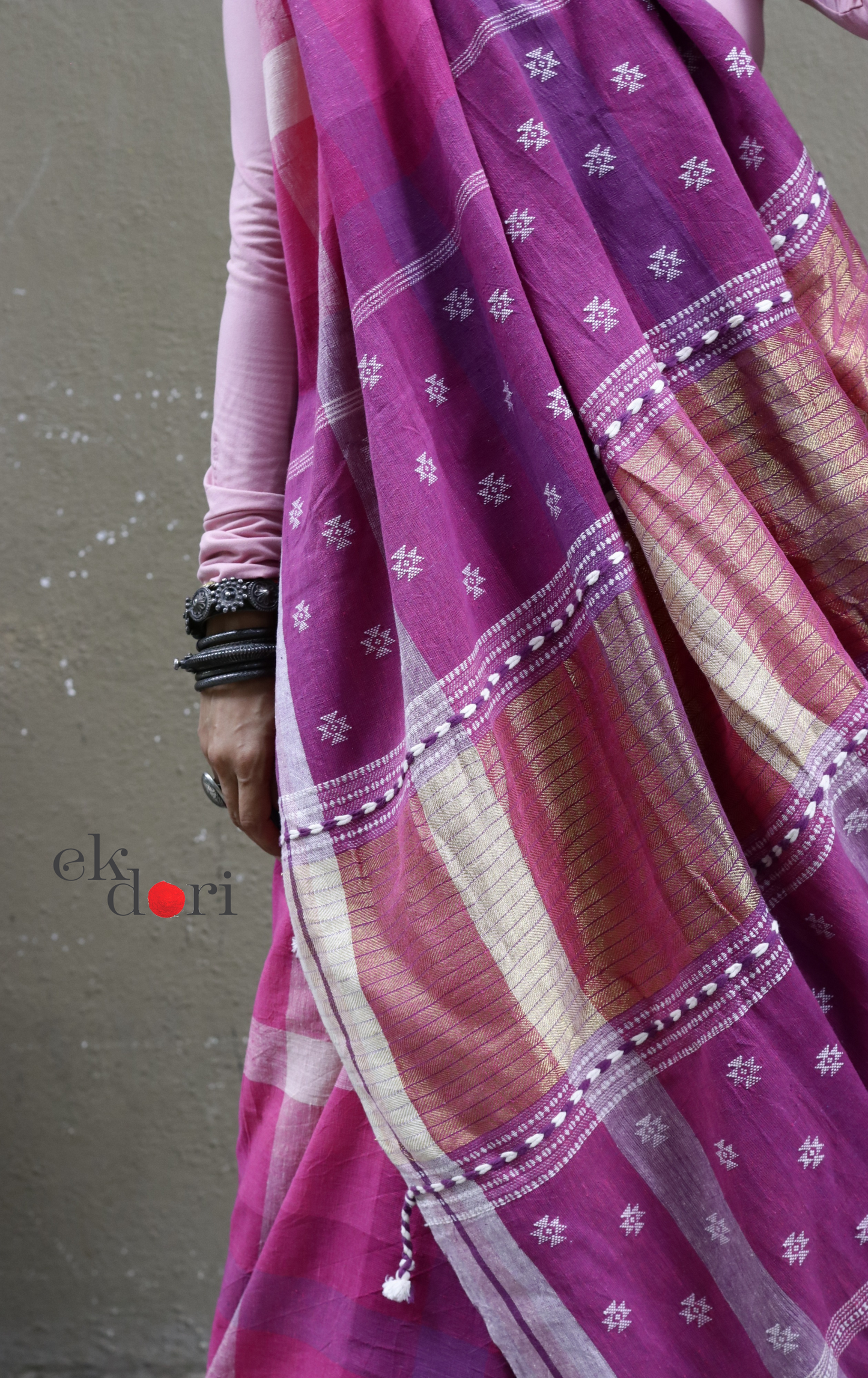 The Pink Rainbow Checks Bhujodi Saree : Pure Kala Cotton Unique Bhujodi Handloom Saree