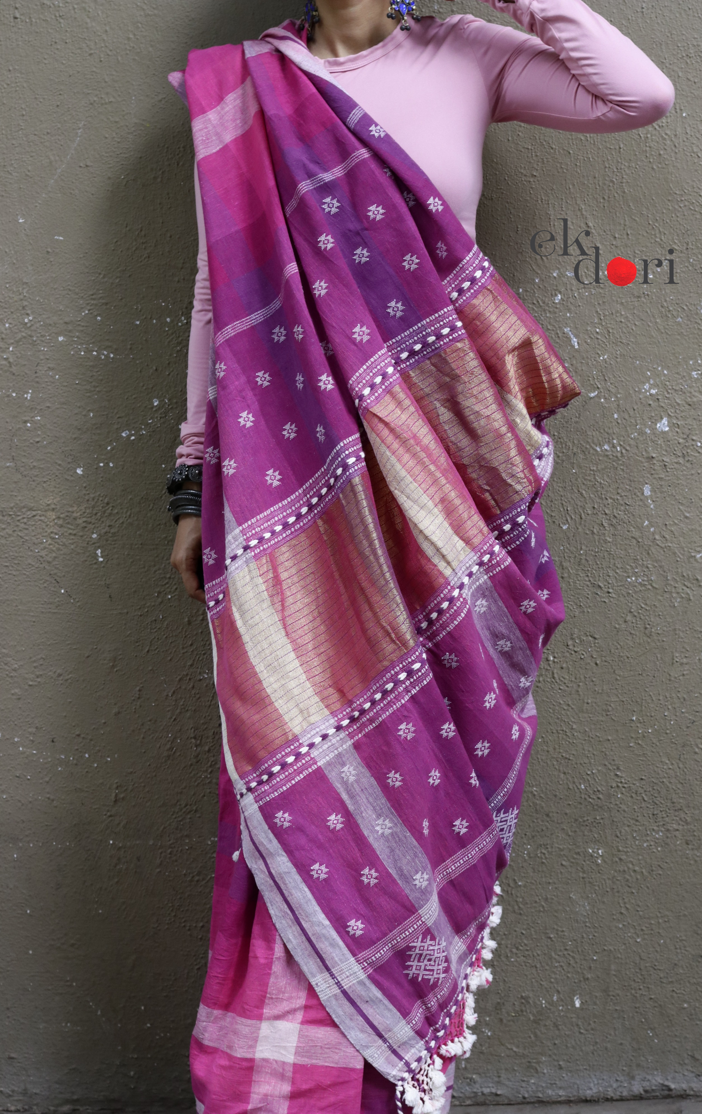 The Pink Rainbow Checks Bhujodi Saree : Pure Kala Cotton Unique Bhujodi Handloom Saree