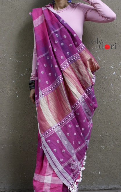 The Pink Rainbow Checks Bhujodi Saree : Pure Kala Cotton Unique Bhujodi Handloom Saree