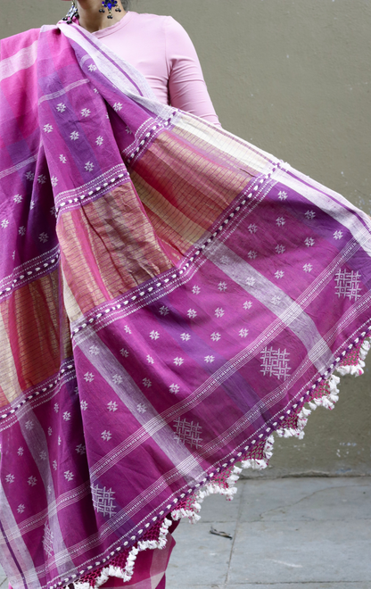 The Pink Rainbow Checks Bhujodi Saree : Pure Kala Cotton Unique Bhujodi Handloom Saree