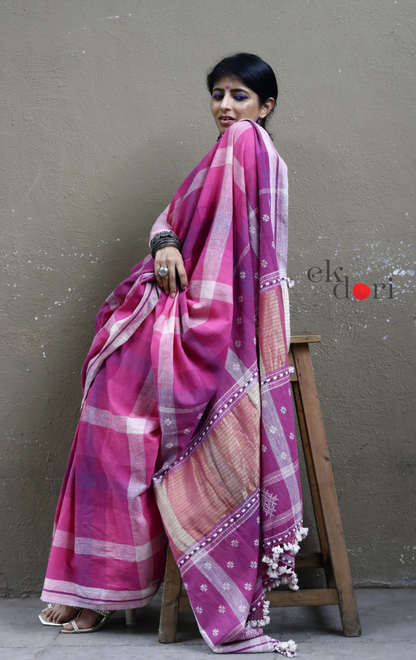 The Pink Rainbow Checks Bhujodi Saree : Pure Kala Cotton Unique Bhujodi Handloom Saree