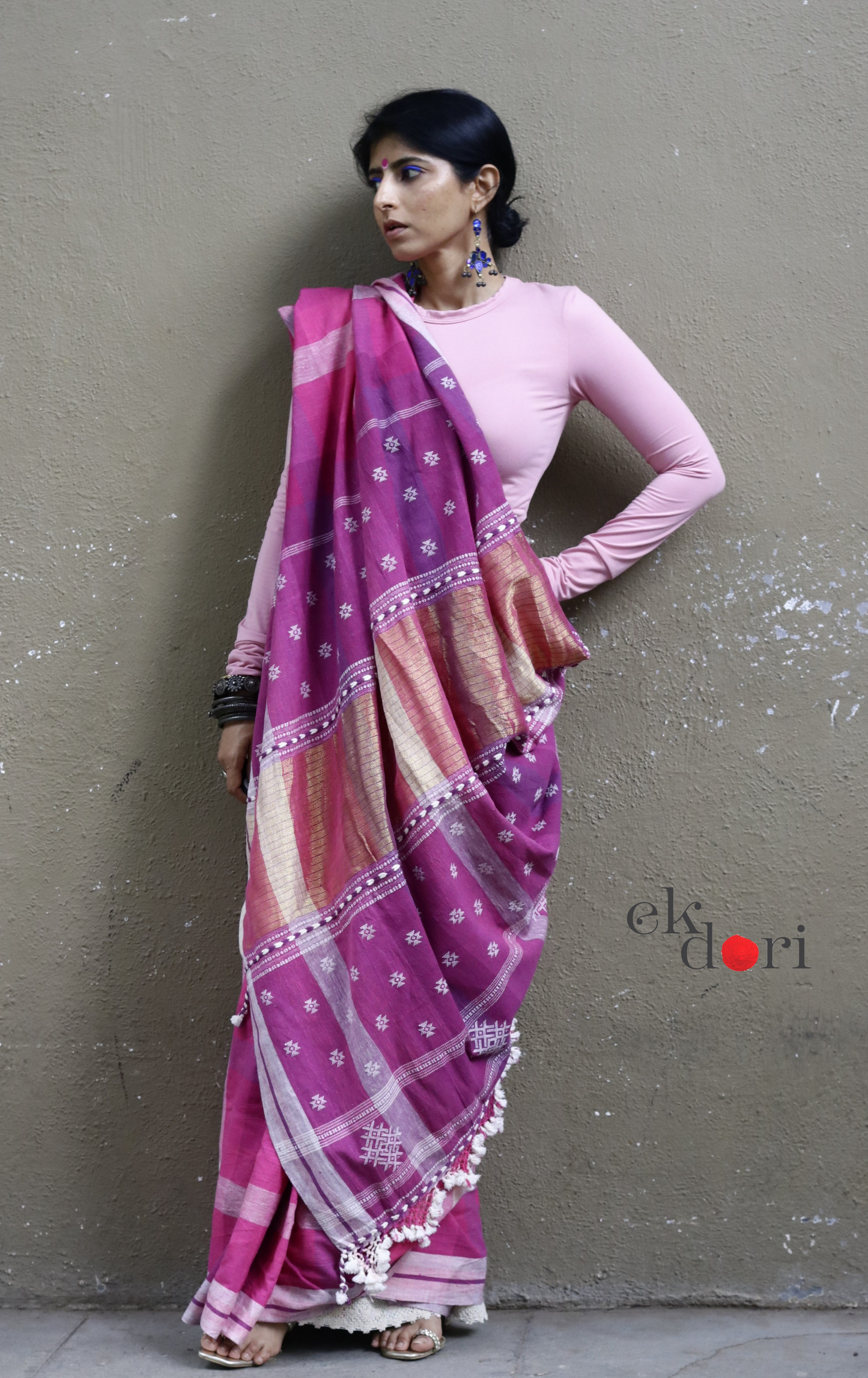 The Pink Rainbow Checks Bhujodi Saree : Pure Kala Cotton Unique Bhujodi Handloom Saree