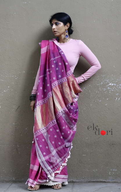 The Pink Rainbow Checks Bhujodi Saree : Pure Kala Cotton Unique Bhujodi Handloom Saree