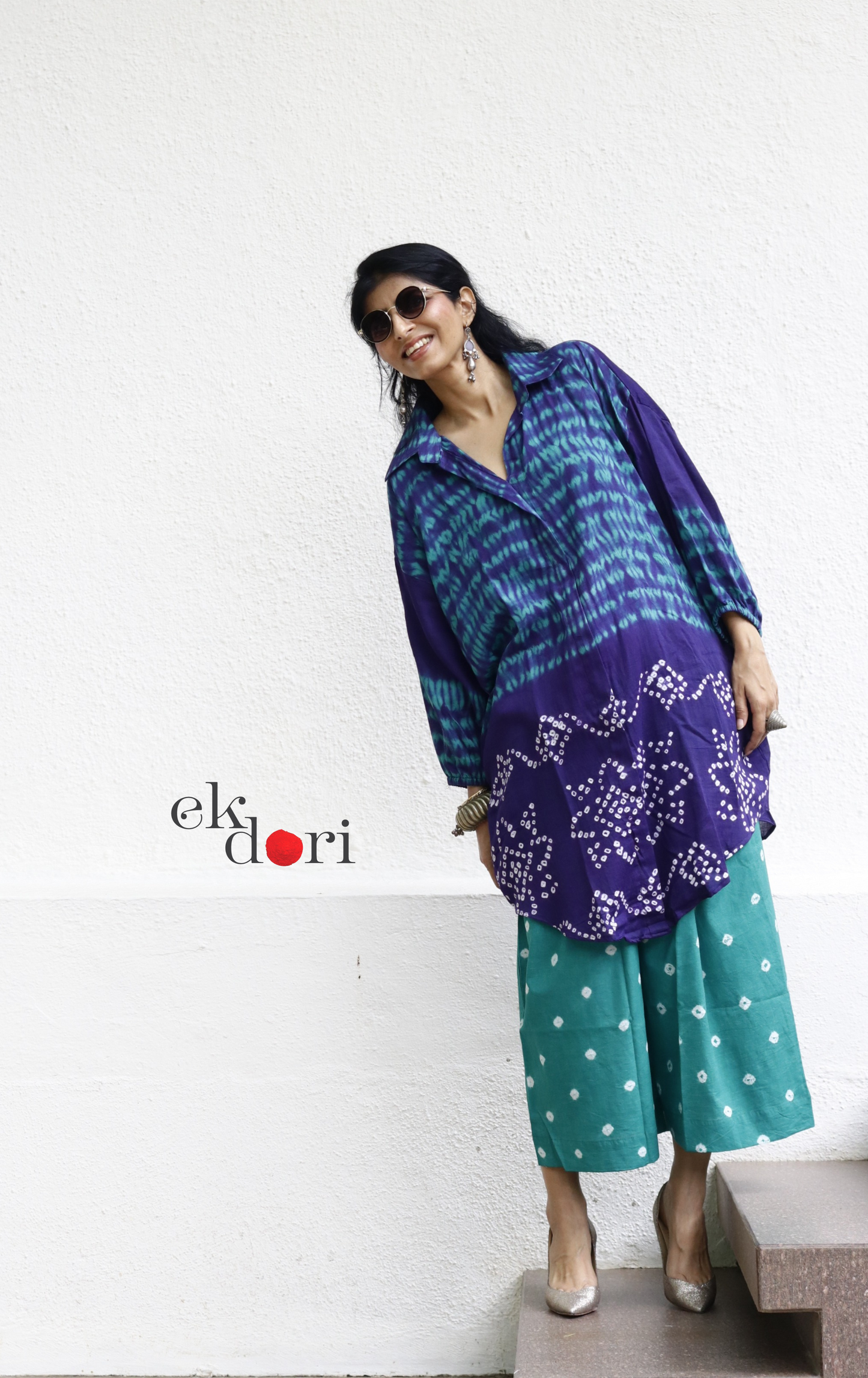 Bandhani 'Sea And Sky' Teal Blue Cotton Co-ord Set : Buy Kurta Palazzo Cotton Co-ord Set Cotton Bandhani And Shibori Set