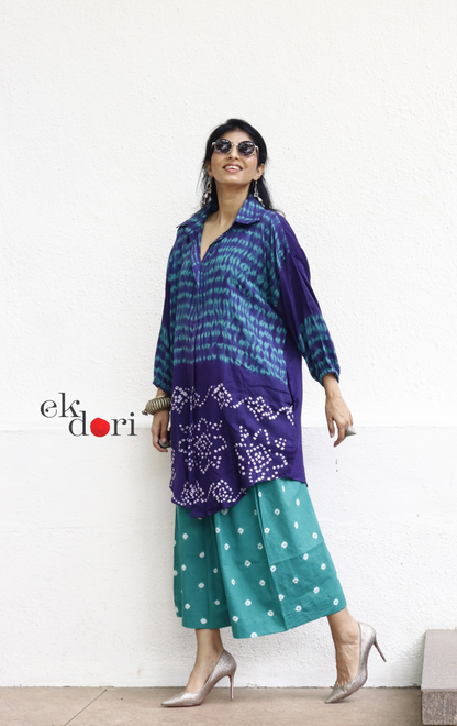 Bandhani 'Sea And Sky' Teal Blue Cotton Co-ord Set : Buy Kurta Palazzo Cotton Co-ord Set Cotton Bandhani And Shibori Set