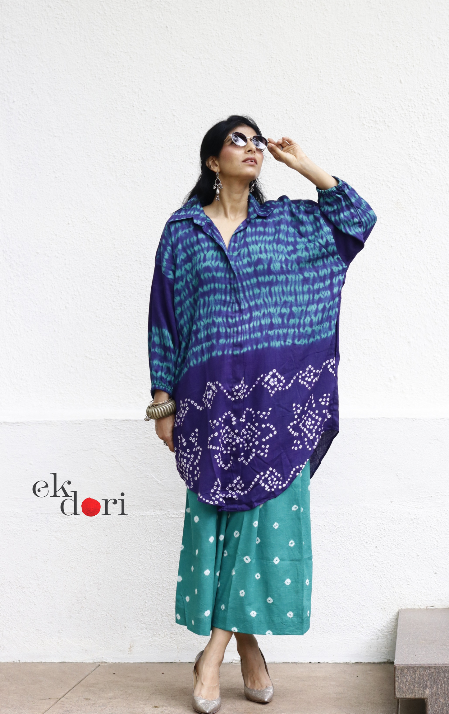 Bandhani 'Sea And Sky' Teal Blue Cotton Co-ord Set : Buy Kurta Palazzo Cotton Co-ord Set Cotton Bandhani And Shibori Set