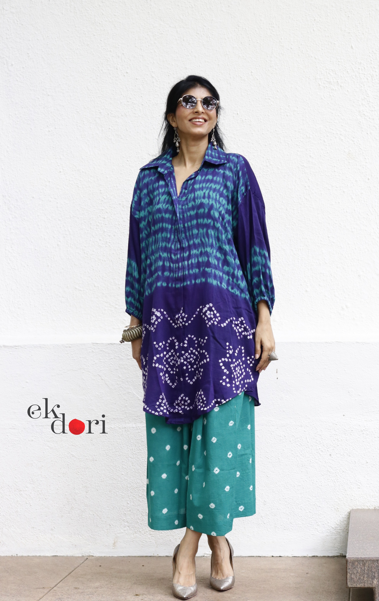Bandhani 'Sea And Sky' Teal Blue Cotton Co-ord Set : Buy Kurta Palazzo Cotton Co-ord Set Cotton Bandhani And Shibori Set