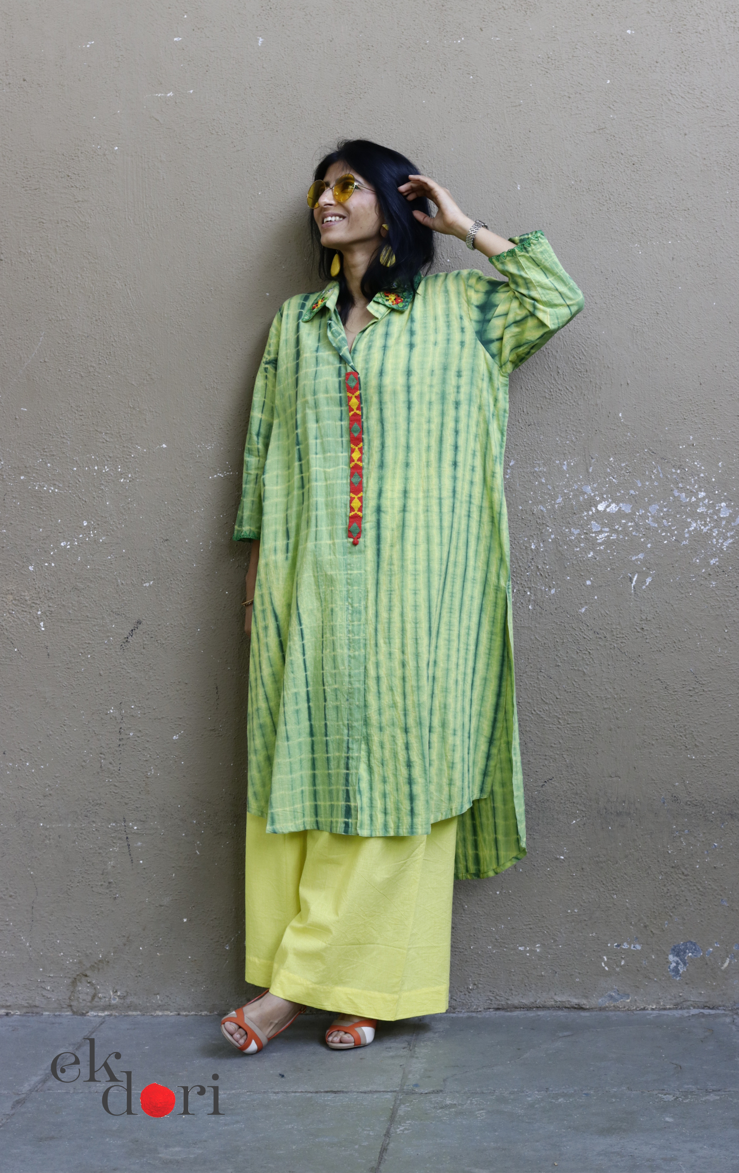 Tie-Dye Cotton Kurta Palazzo Co-ord Set in Green | 'Bee Garden in Bloom' | Ek Dori