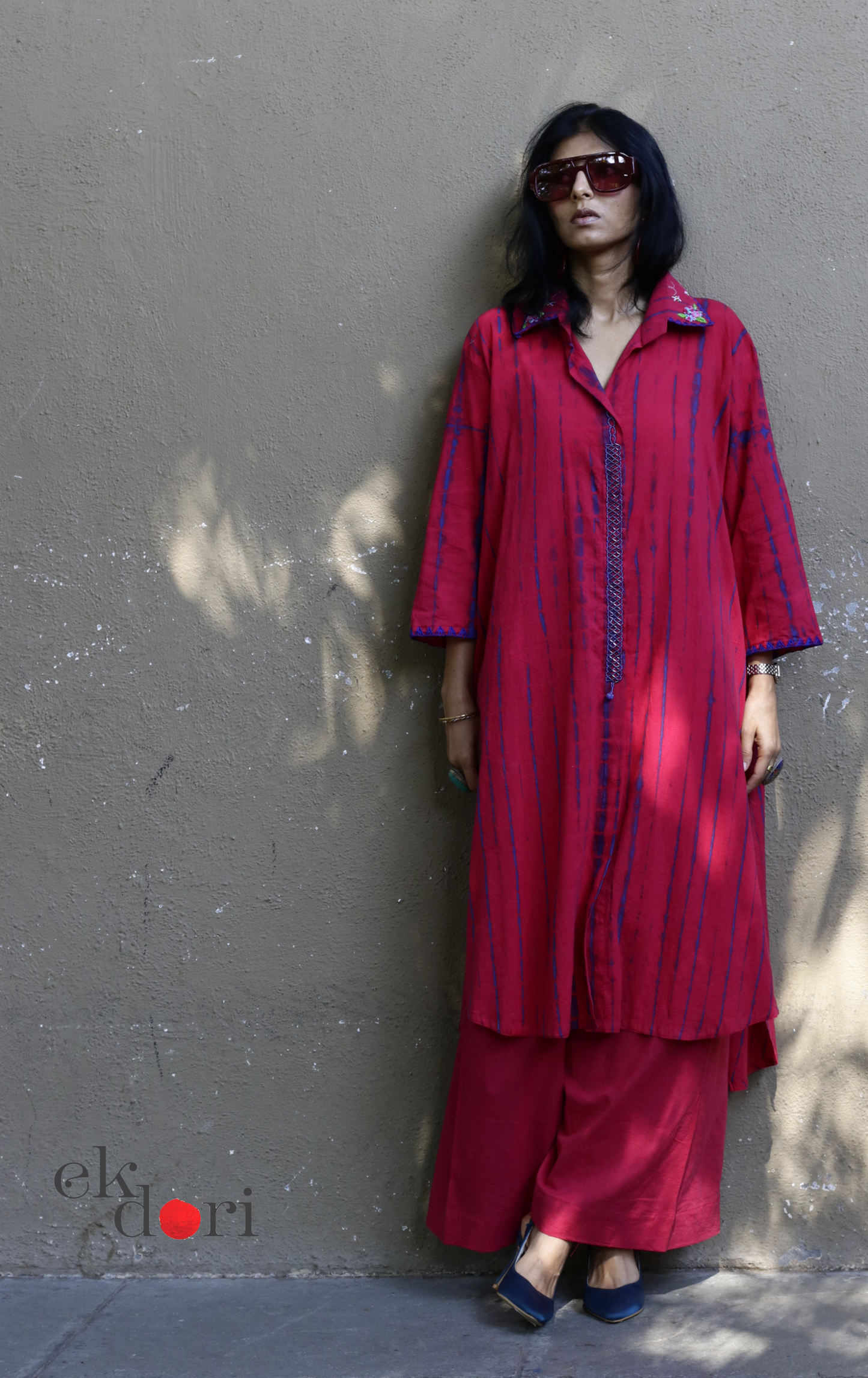 Tie-Dye Cotton Kurta Palazzo Co-ord Set with Hand Embroidery | 'Bee Garden' | Ek Dori