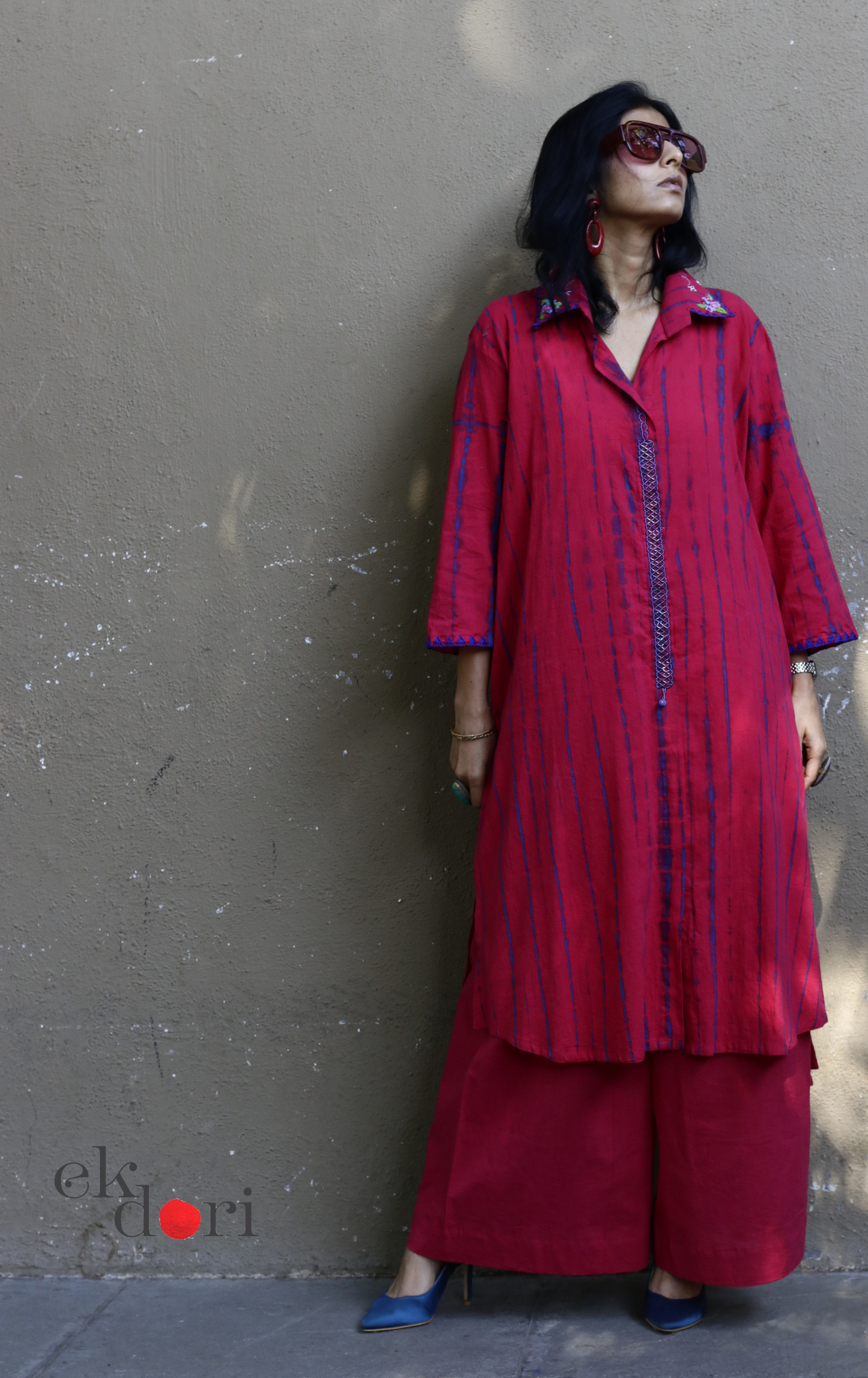Tie-Dye Cotton Kurta Palazzo Co-ord Set with Hand Embroidery | 'Bee Garden' | Ek Dori