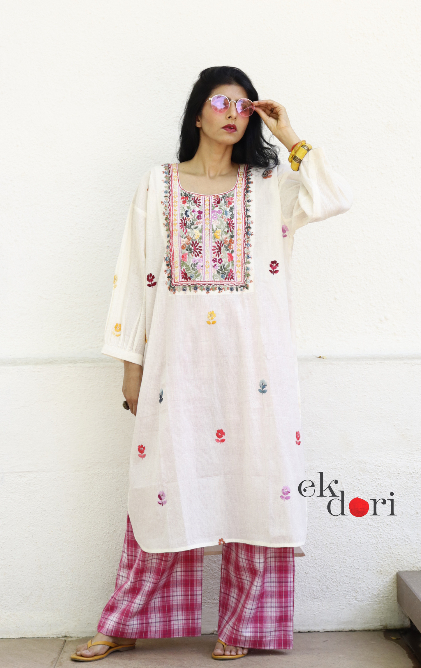 Cotton Embroidered Kurta Co-ord Set 'Pink Lily' : Buy Bullion Embroidery Cotton Co-ord Kurts Sets For Summer