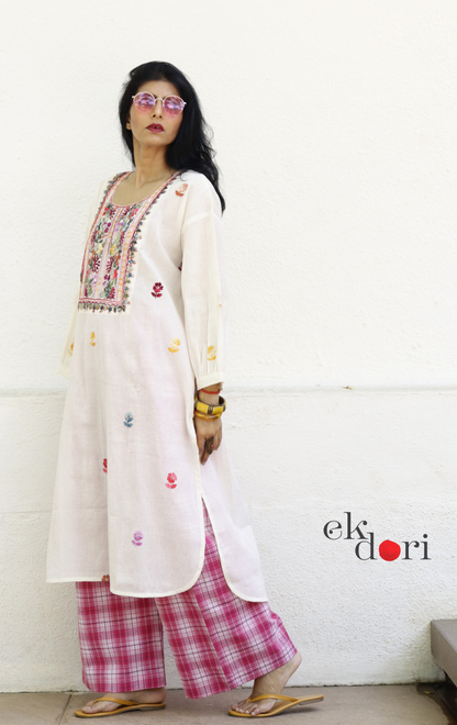 Cotton Embroidered Kurta Co-ord Set 'Pink Lily' : Buy Bullion Embroidery Cotton Co-ord Kurts Sets For Summer