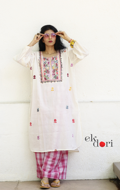 Cotton Embroidered Kurta Co-ord Set 'Pink Lily' : Buy Bullion Embroidery Cotton Co-ord Kurts Sets For Summer