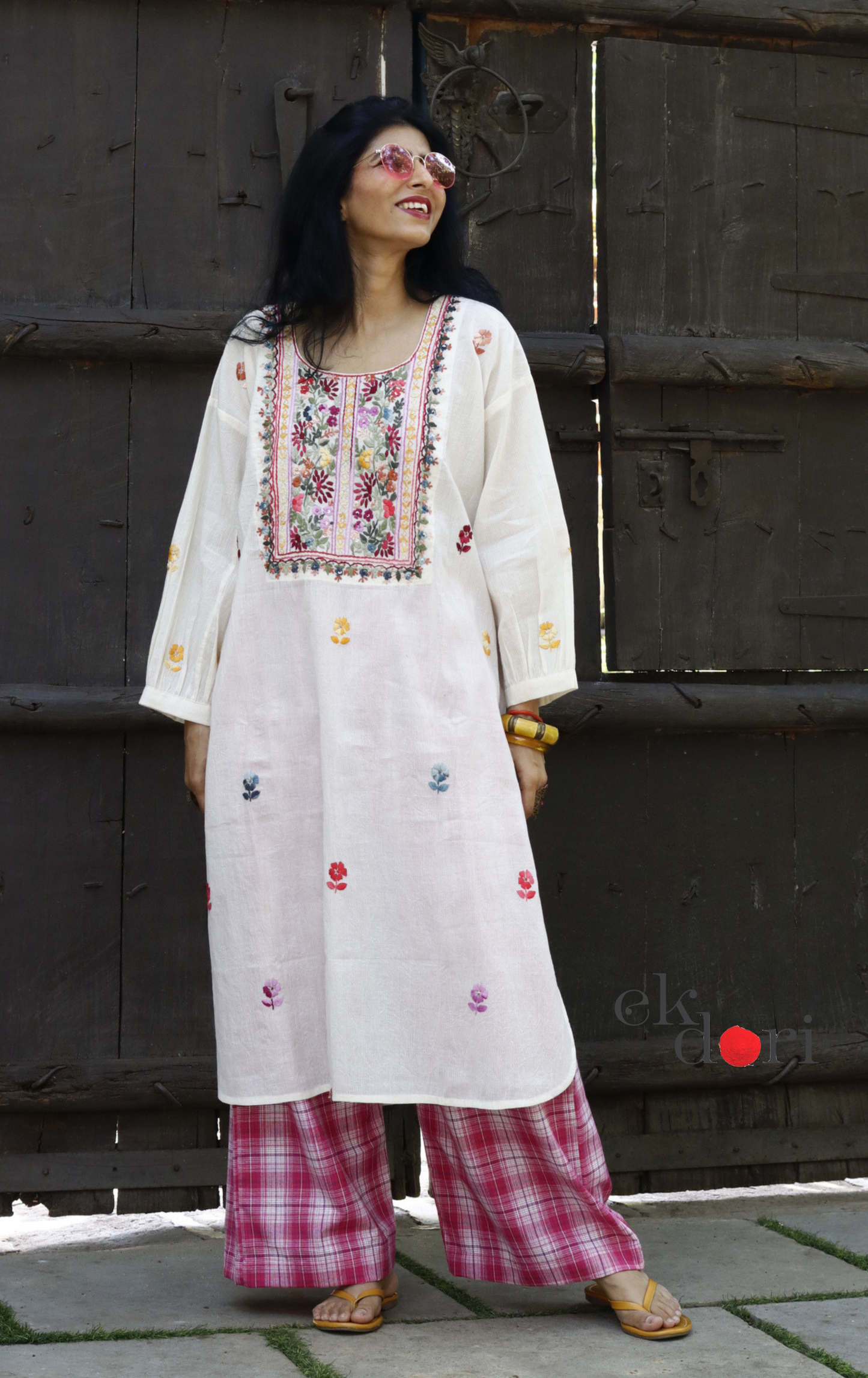 Cotton Embroidered Kurta Co-ord Set 'Pink Lily' : Buy Bullion Embroidery Cotton Co-ord Kurts Sets For Summer