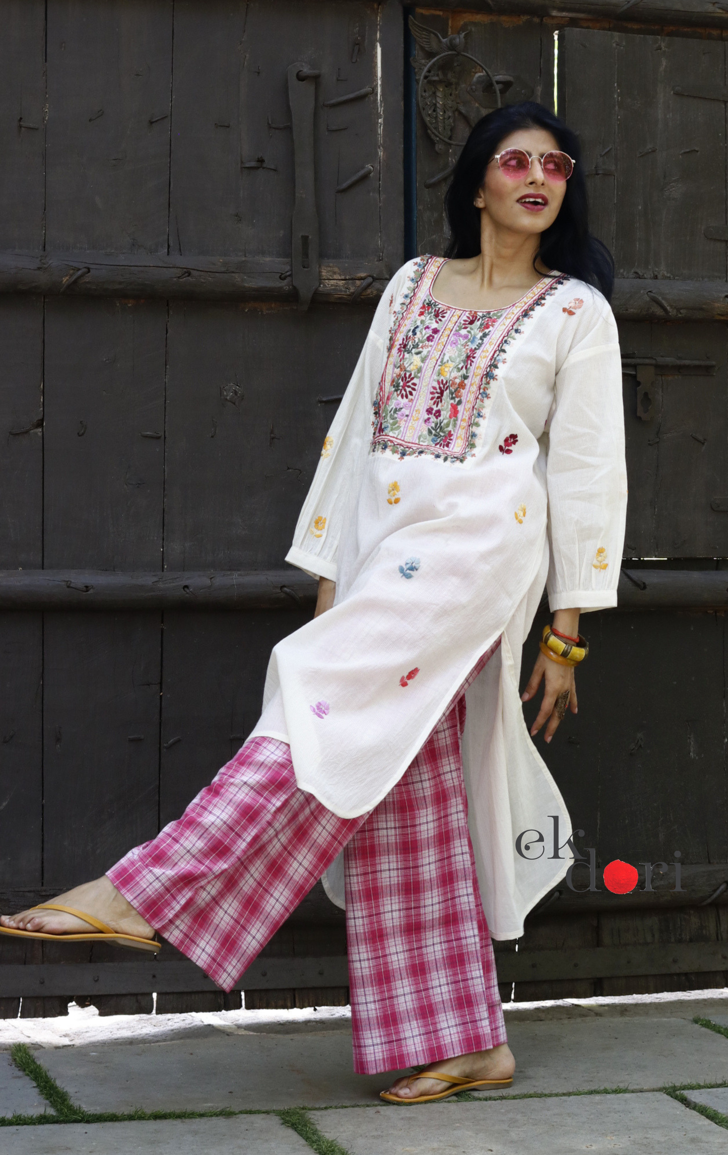 Cotton Embroidered Kurta Co-ord Set 'Pink Lily' : Buy Bullion Embroidery Cotton Co-ord Kurts Sets For Summer