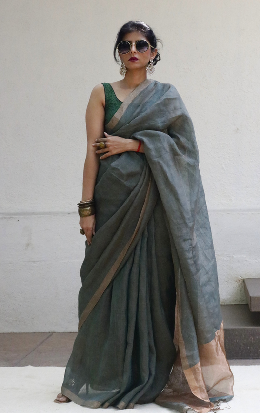 Buy Silk Linen 'Deep Green' Gold Metallic Sari : Green Gold Silk Linen Summer Saree