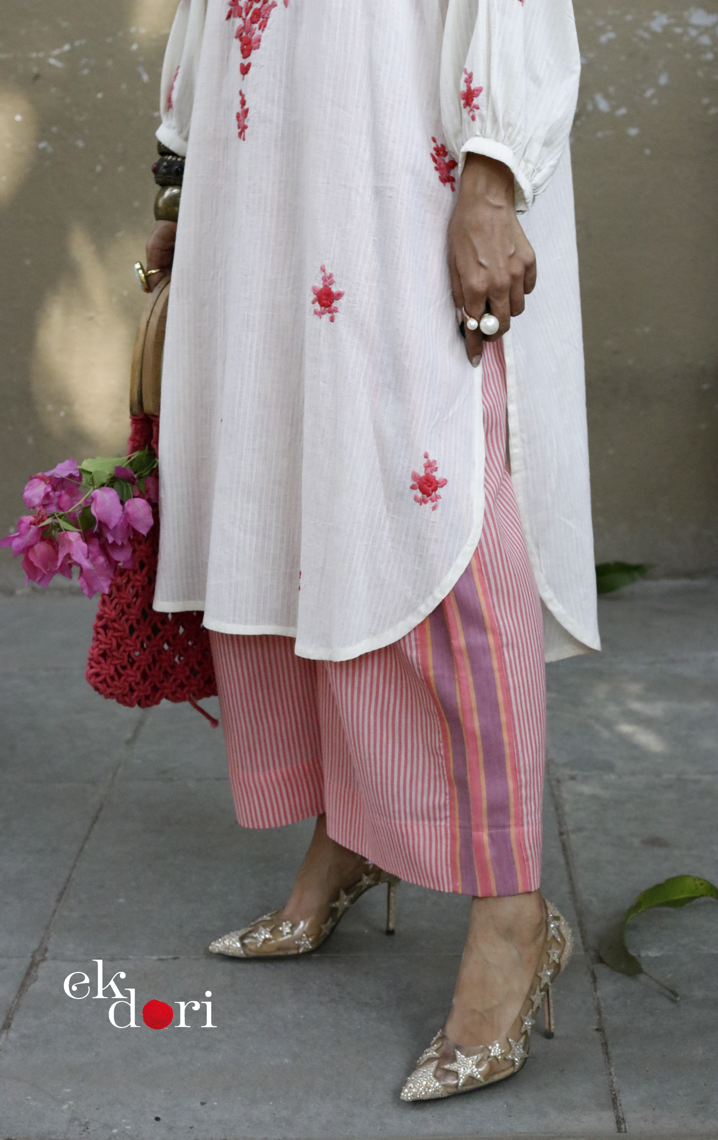 Cotton Embroidered Kurta Co-ord Set 'Peachy Pink' : Buy Bullion Embroidery Cotton Co-ord Kurts Sets For Summer