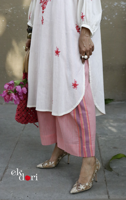 Cotton Embroidered Kurta Co-ord Set 'Peachy Pink' : Buy Bullion Embroidery Cotton Co-ord Kurts Sets For Summer