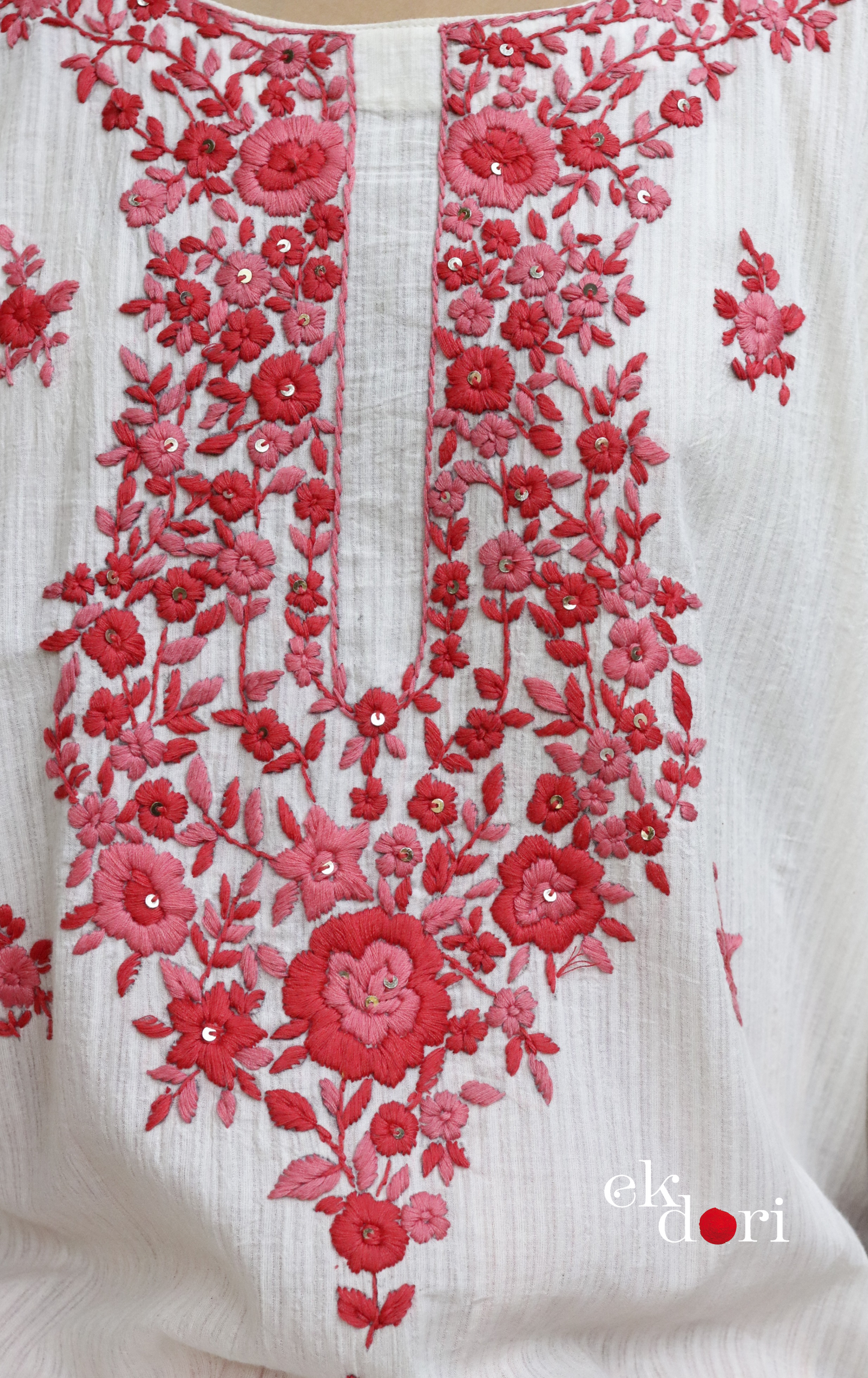 Cotton Embroidered Kurta Co-ord Set 'Peachy Pink' : Buy Bullion Embroidery Cotton Co-ord Kurts Sets For Summer