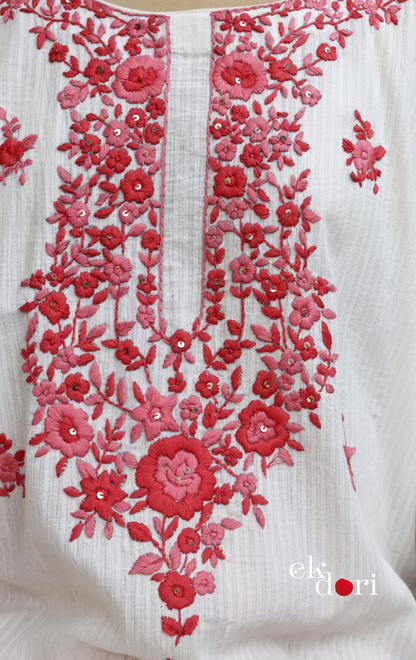 Cotton Embroidered Kurta Co-ord Set 'Peachy Pink' : Buy Bullion Embroidery Cotton Co-ord Kurts Sets For Summer