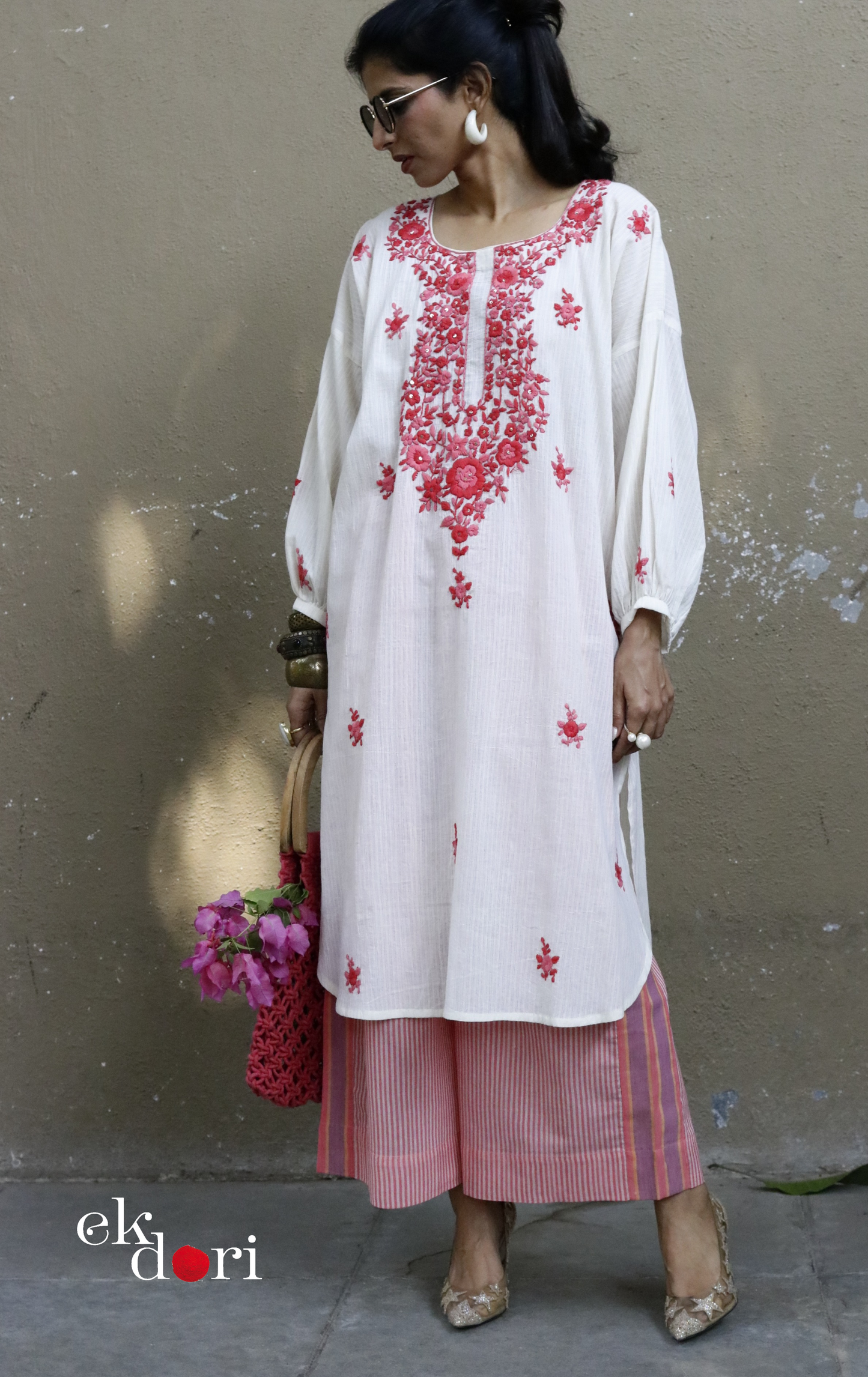 Cotton Embroidered Kurta Co-ord Set 'Peachy Pink' : Buy Bullion Embroidery Cotton Co-ord Kurts Sets For Summer