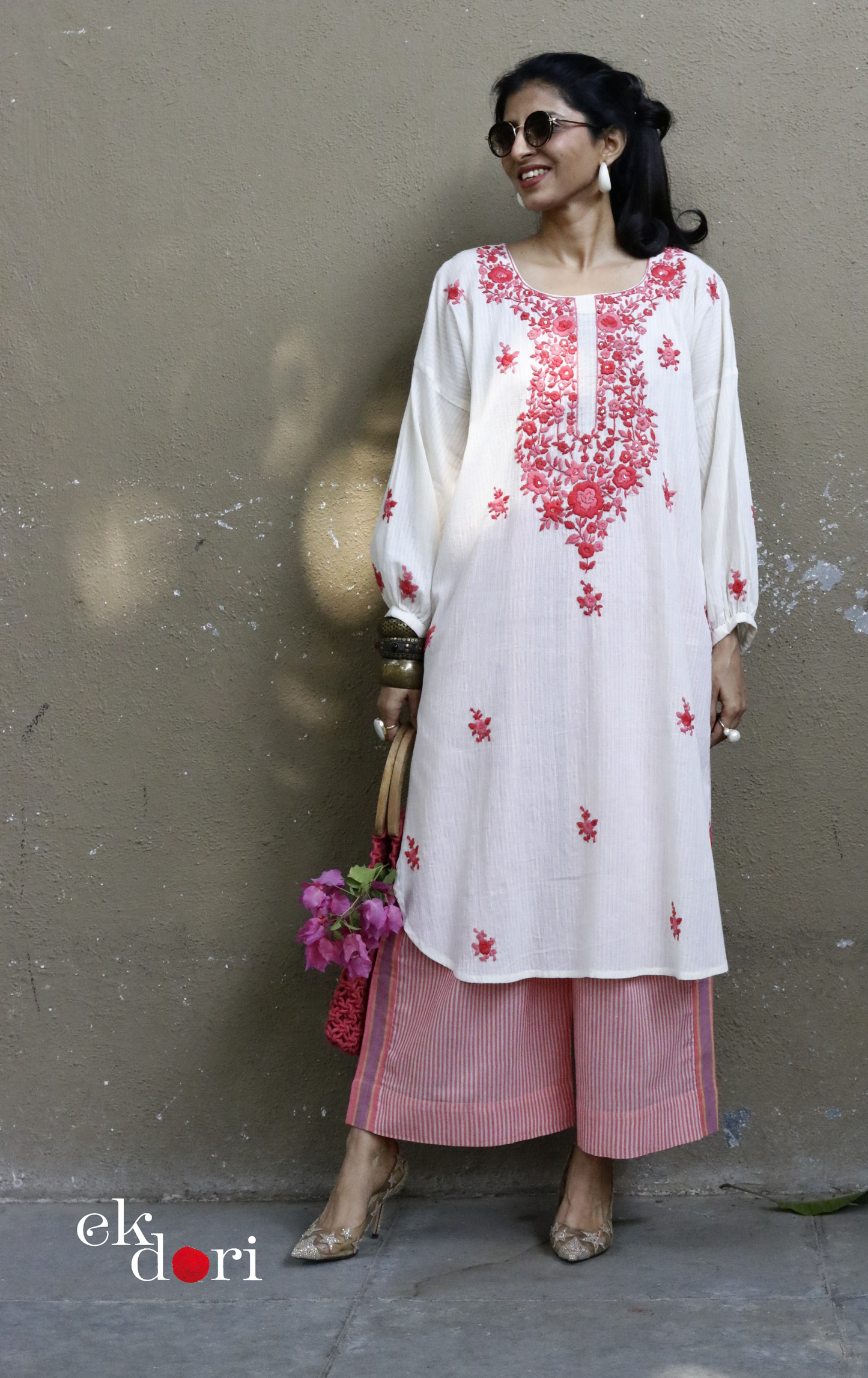 Cotton Embroidered Kurta Co-ord Set 'Peachy Pink' : Buy Bullion Embroidery Cotton Co-ord Kurts Sets For Summer