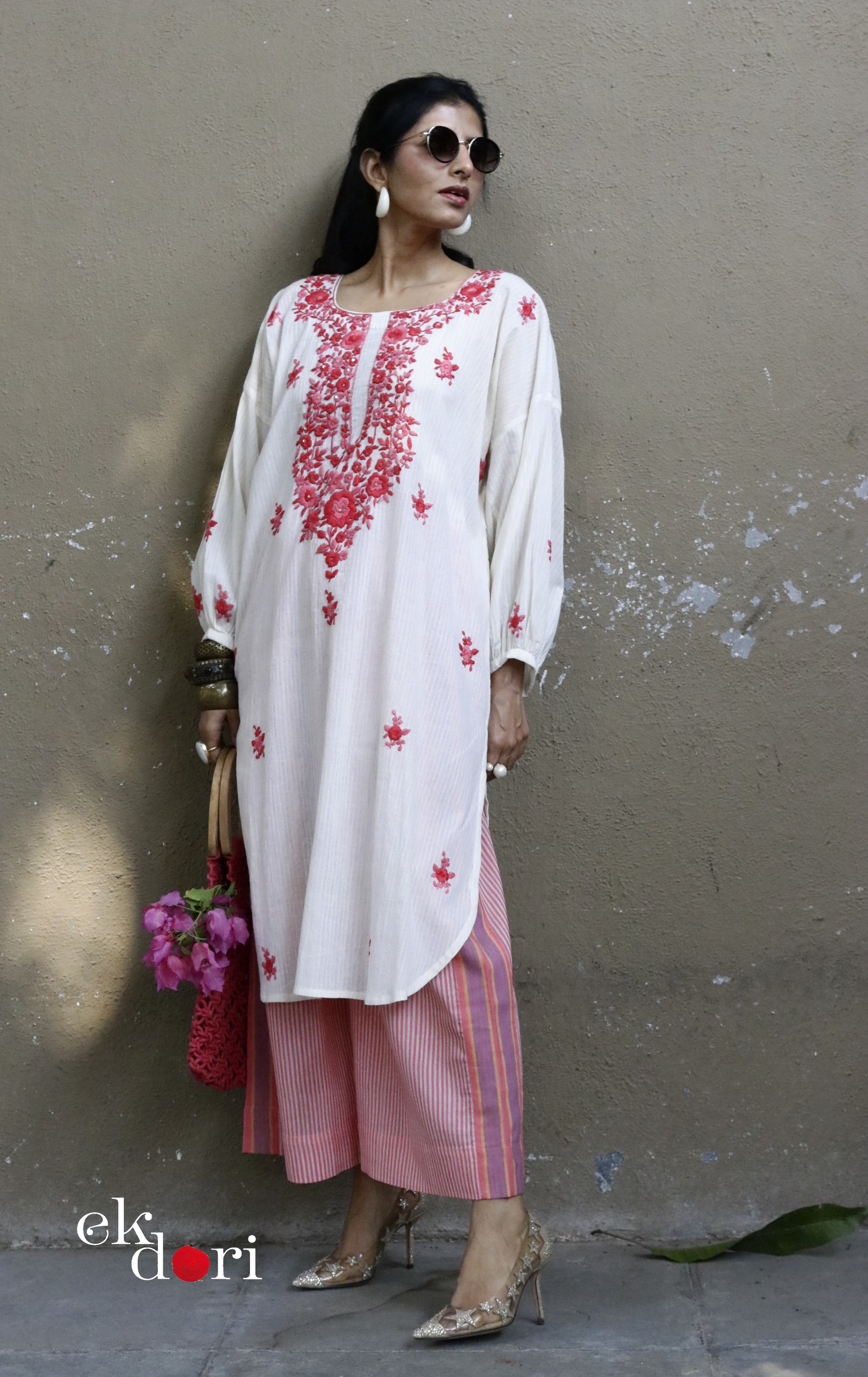 Cotton Embroidered Kurta Co-ord Set 'Peachy Pink' : Buy Bullion Embroidery Cotton Co-ord Kurts Sets For Summer