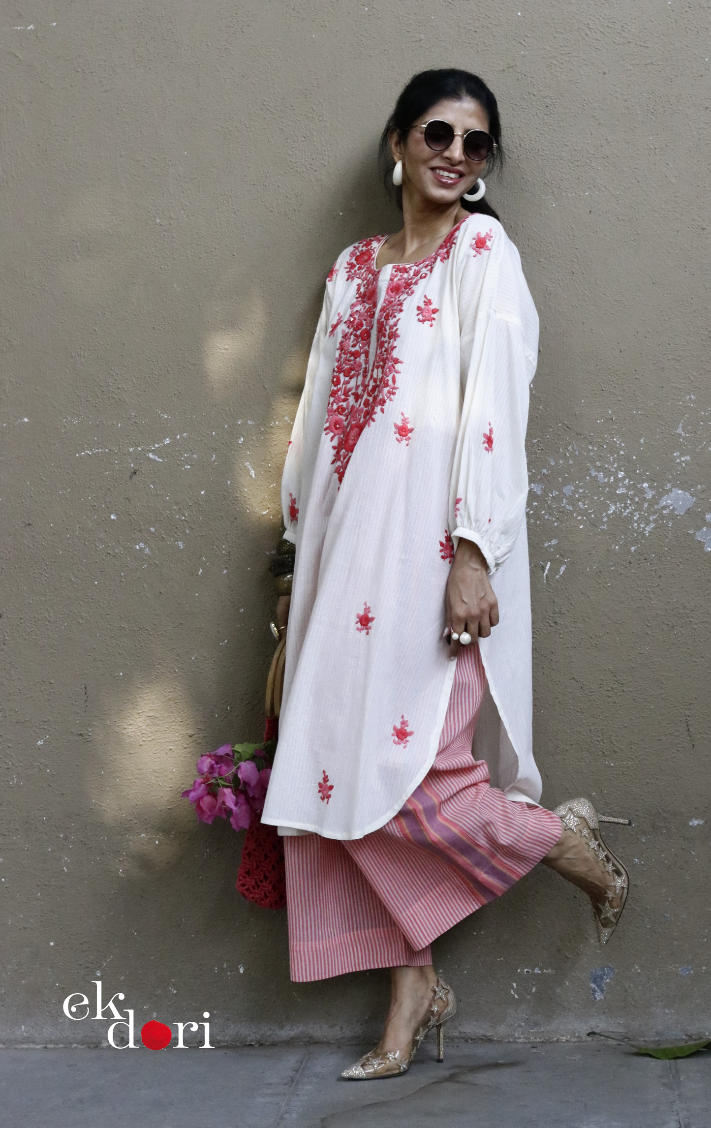 Cotton Embroidered Kurta Co-ord Set 'Peachy Pink' : Buy Bullion Embroidery Cotton Co-ord Kurts Sets For Summer