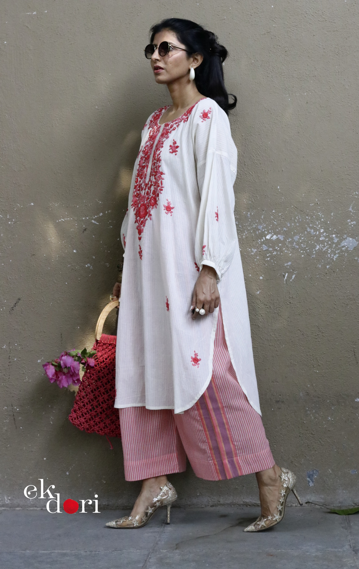 Cotton Embroidered Kurta Co-ord Set 'Peachy Pink' : Buy Bullion Embroidery Cotton Co-ord Kurts Sets For Summer
