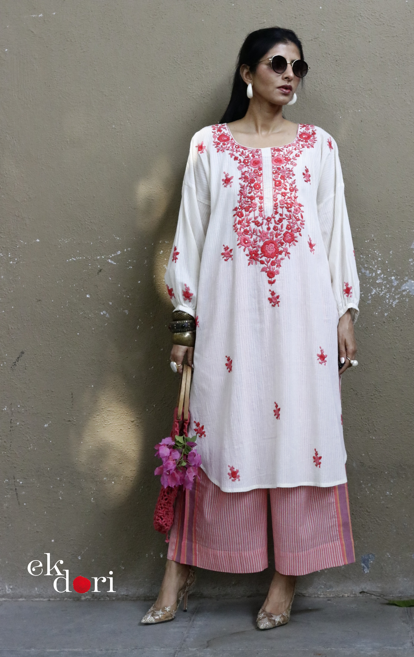 Cotton Embroidered Kurta Co-ord Set 'Peachy Pink' : Buy Bullion Embroidery Cotton Co-ord Kurts Sets For Summer