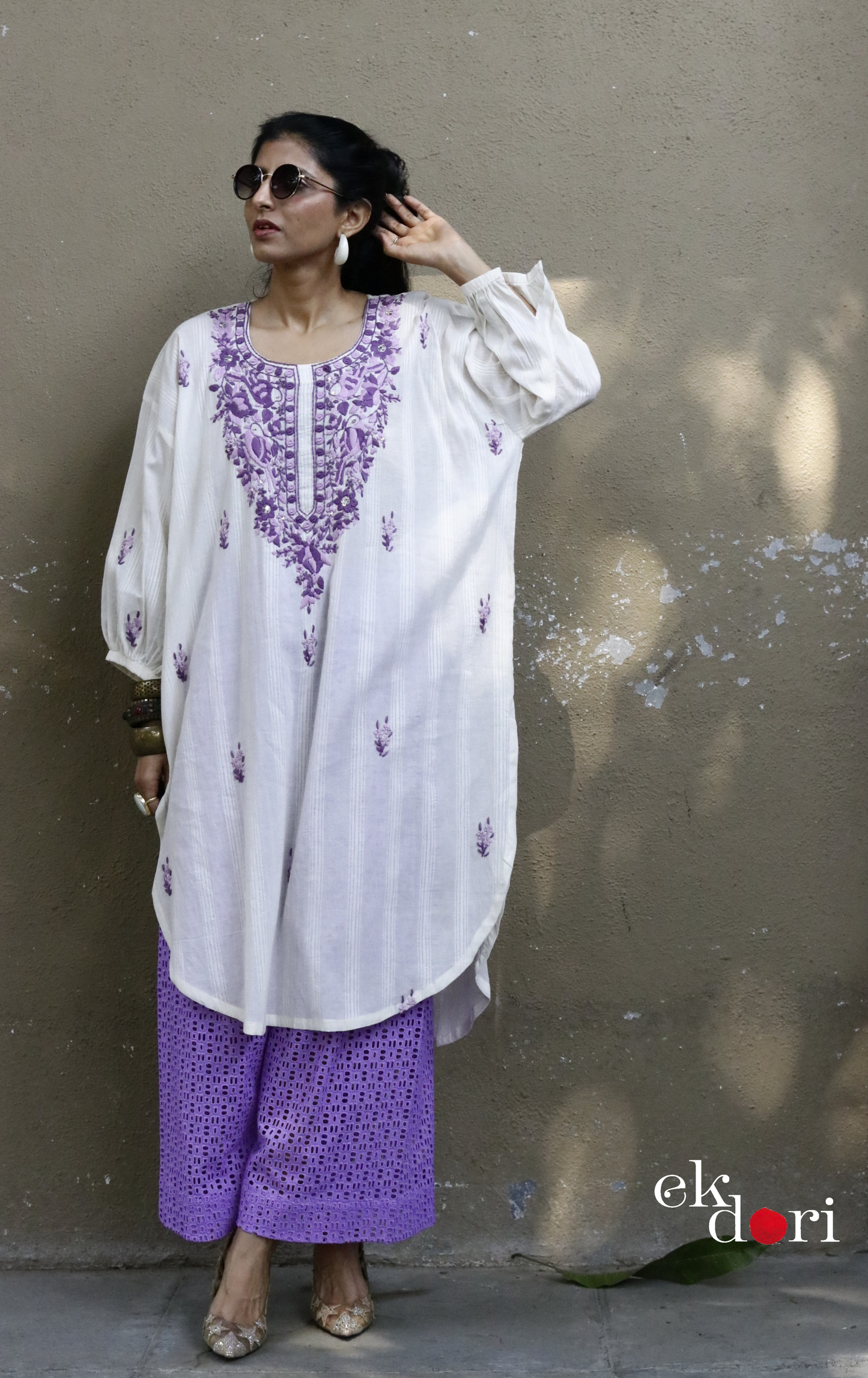 Cotton Embroidered Kurta Co-ord Set 'Purple Please' : Buy Bullion Embroidery Cotton Co-ord Kurts Sets For Summer