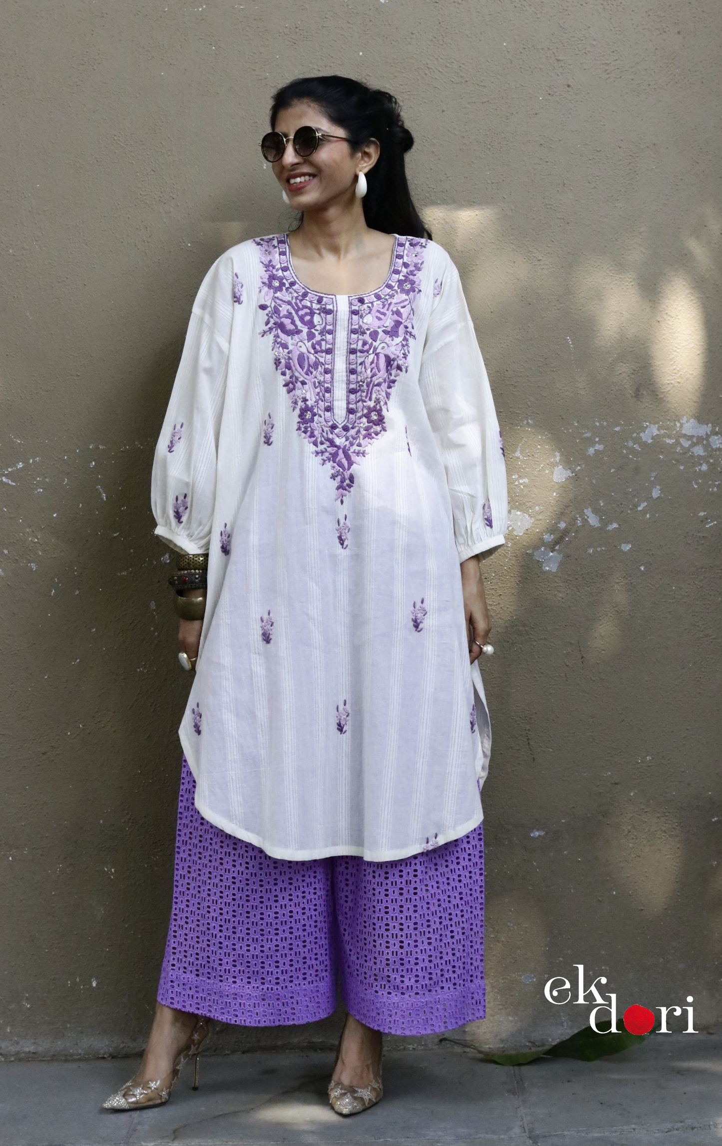 Cotton Embroidered Kurta Co-ord Set 'Purple Please' : Buy Bullion Embroidery Cotton Co-ord Kurts Sets For Summer