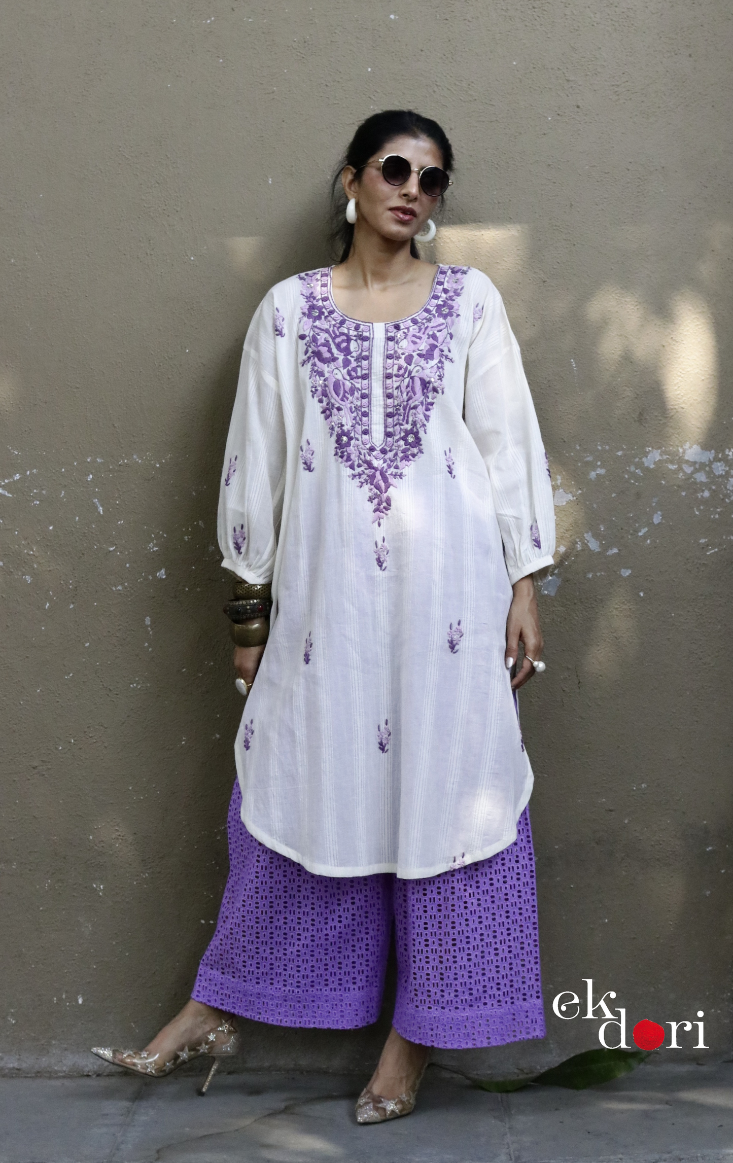 Cotton Embroidered Kurta Co-ord Set 'Purple Please' : Buy Bullion Embroidery Cotton Co-ord Kurts Sets For Summer