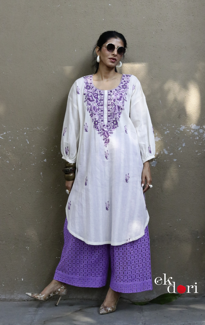 Cotton Embroidered Kurta Co-ord Set 'Purple Please' : Buy Bullion Embroidery Cotton Co-ord Kurts Sets For Summer
