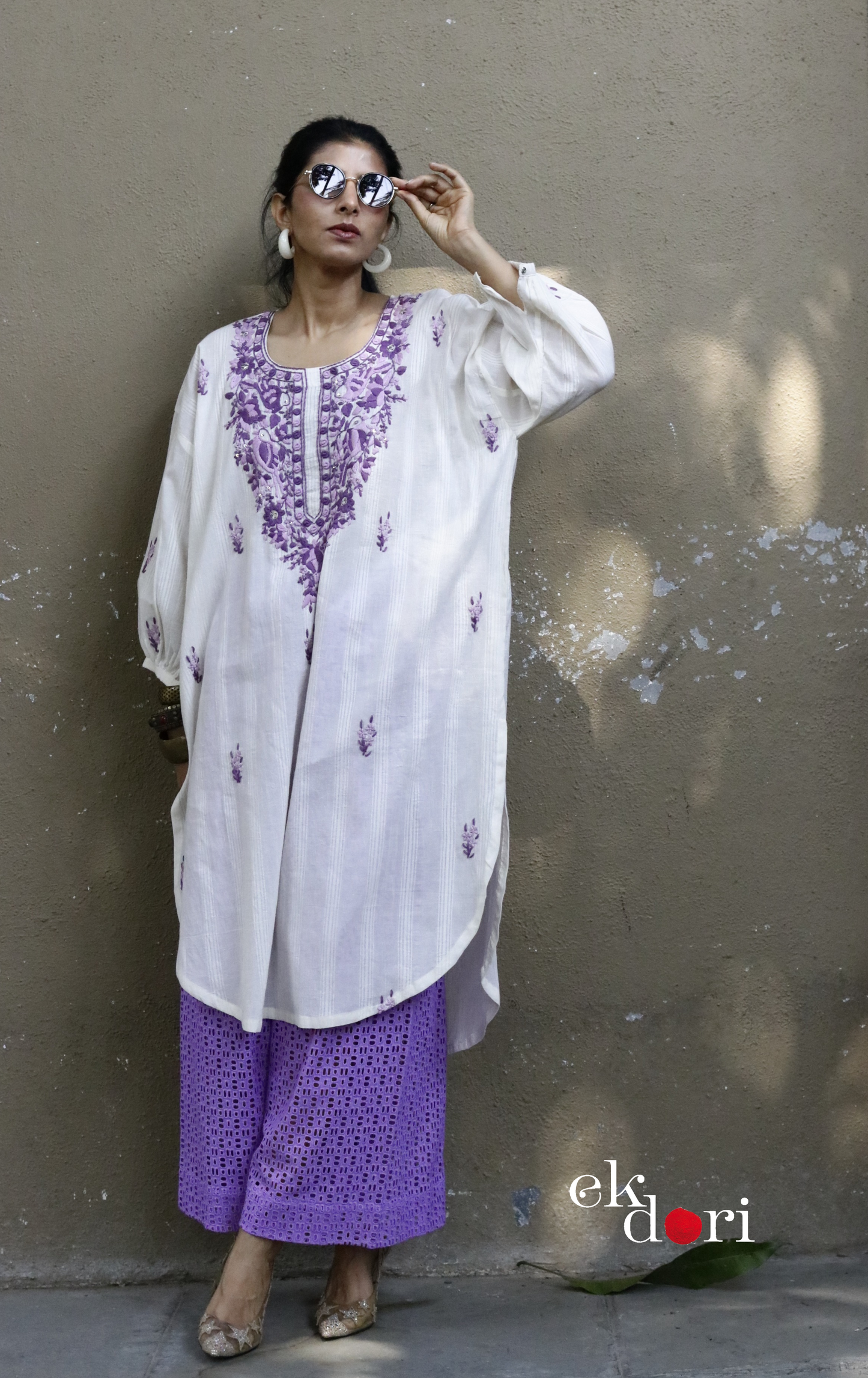 Cotton Embroidered Kurta Co-ord Set 'Purple Please' : Buy Bullion Embroidery Cotton Co-ord Kurts Sets For Summer