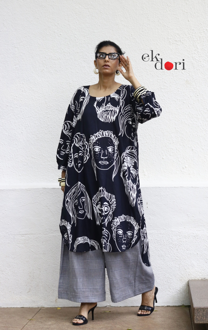 Cotton Kurta Co-Ord Set 'Portraits' : Buy Palazzo Pant Kurta Cotton Co-ord Set In Quirky Fun Print