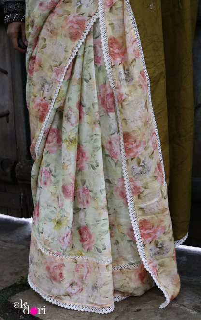 Buy Floral Linen Saree Online : 'Sunny Days' Printed Linen Saree