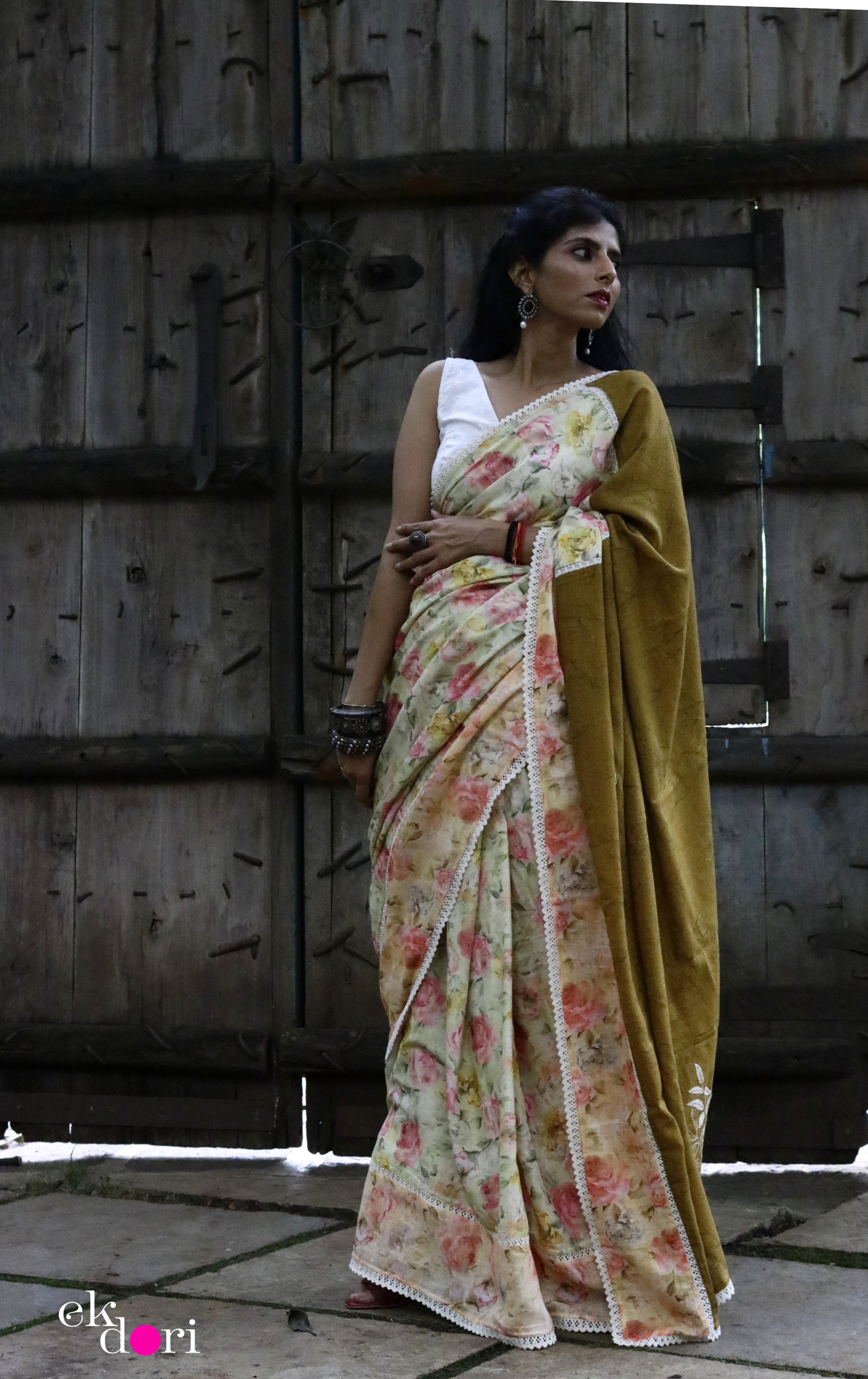 Buy Floral Linen Saree Online : 'Sunny Days' Printed Linen Saree