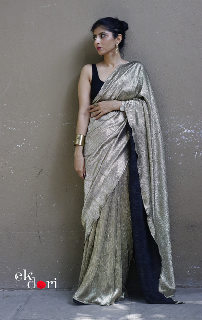 Golden Black Evening Cocktail Saree 'Dipped In Gold' : Micro Pleated Designer Gold Saree : Metallic Gold Cocktail Saree