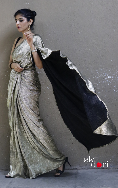 Golden Black Evening Cocktail Saree 'Dipped In Gold' : Micro Pleated Designer Gold Saree : Metallic Gold Cocktail Saree