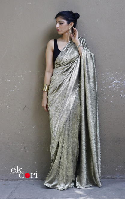 Golden Black Evening Cocktail Saree 'Dipped In Gold' : Micro Pleated Designer Gold Saree : Metallic Gold Cocktail Saree