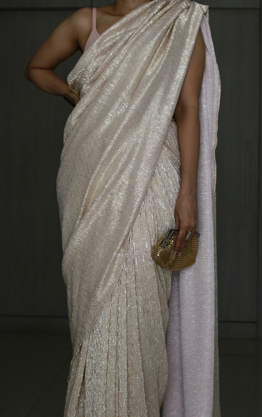 Golden Pink Evening Cocktail Saree 'Gold Garden' : Micro Pleated Designer Gold Saree : Metallic Gold Cocktail Saree